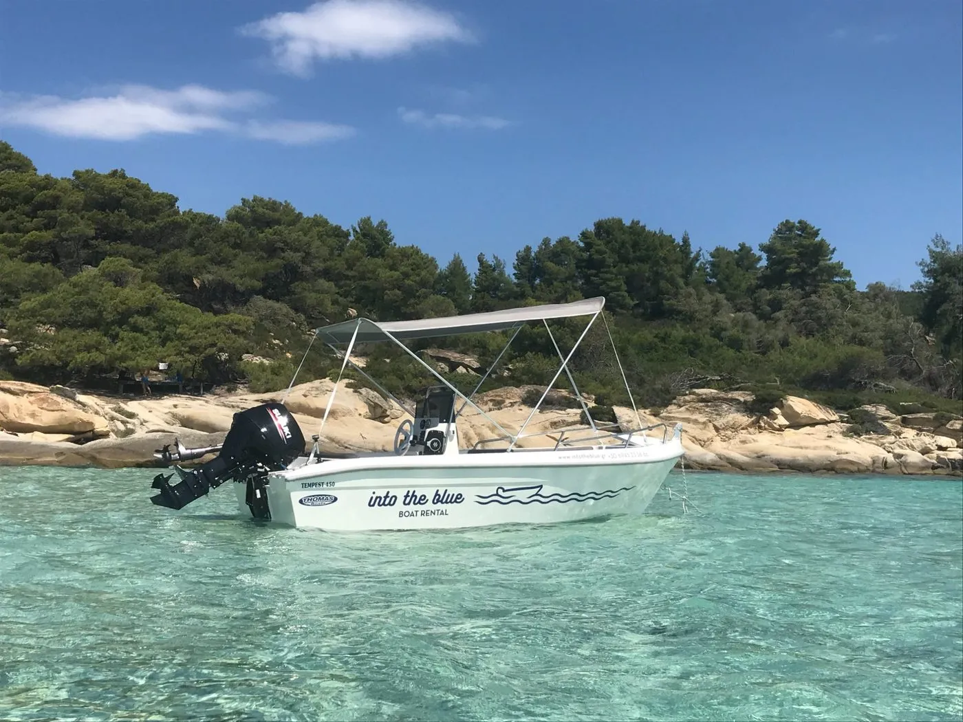Tempest 450 self-drive boat rental Vourvourou Halkidiki